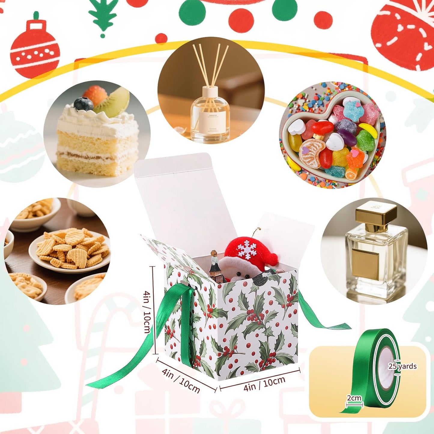 Dispowreath 48 Pcs 4x4x4 Christmas Gift Boxes with Ribbon Xmas Small Box with Lids Treat Boxes for Gift Wrapping Ornaments Wedding Holiday Birthday Party Favor(Berry Branch)