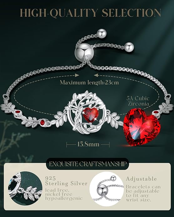 FANCIME Valentines Day Gift Tree of life Birthstone Bracelet for Women Sterling Silver Tree Jewelry Birthstone Charm Bracelet Gemstone Anniversary Birthday Gifts for Wife Mom Her