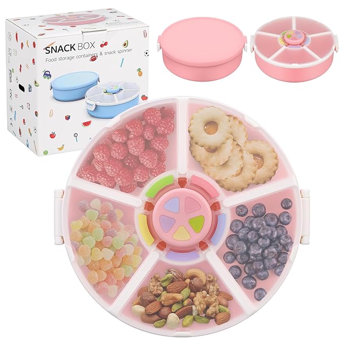 Snack Rotator Container Reusable Snack Box with 5 Compartment Dispenser and Lid, Color Matching Opening Lid, BPA and PVC Free, for Home, School, Travel (2 Pack- Pink)