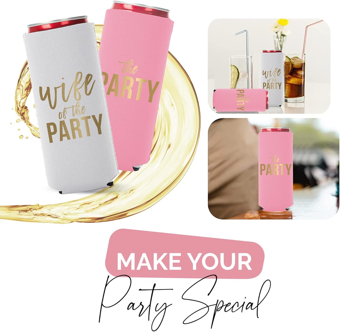 Wife of the Party and The Party Bachelorette Can Coolers - Set of 12, Perfect for Decorations and Bridesmaid Gifts (Dusty Rose, Slim)