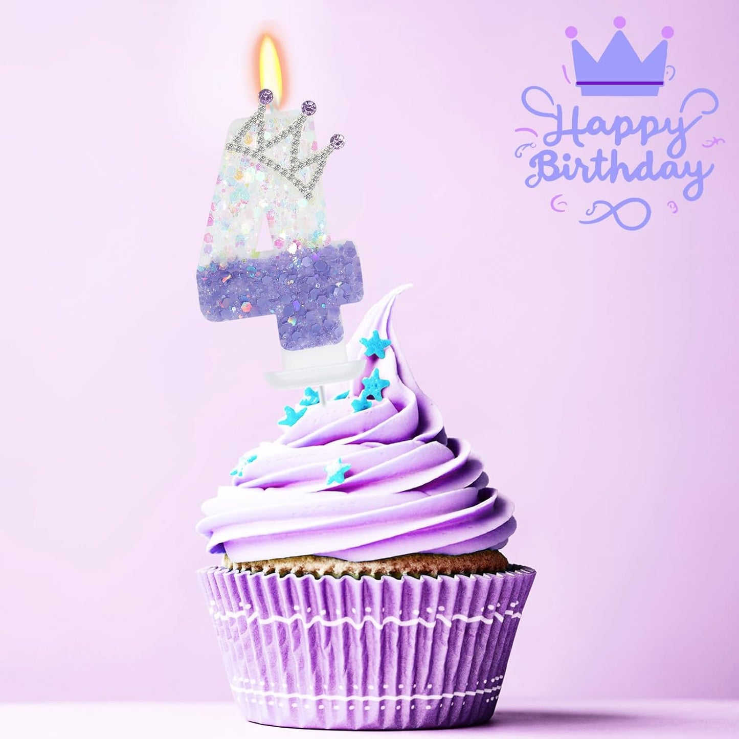 Purple White Number 4 Candle, Glitter Crown Cake Topper, Princess Birthday Party Decorations for Girls and Women Anniversary Celebrations Party Favors