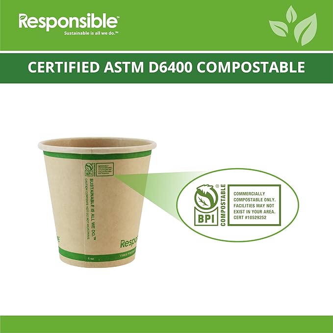 Responsible Products Certified Compostable 6 oz Paper Cups, Cold ＆ Hot Coffee Cups, Disposable Paper Cups, Extra Strength Disposable Cups, Made without PFAS (50 count)