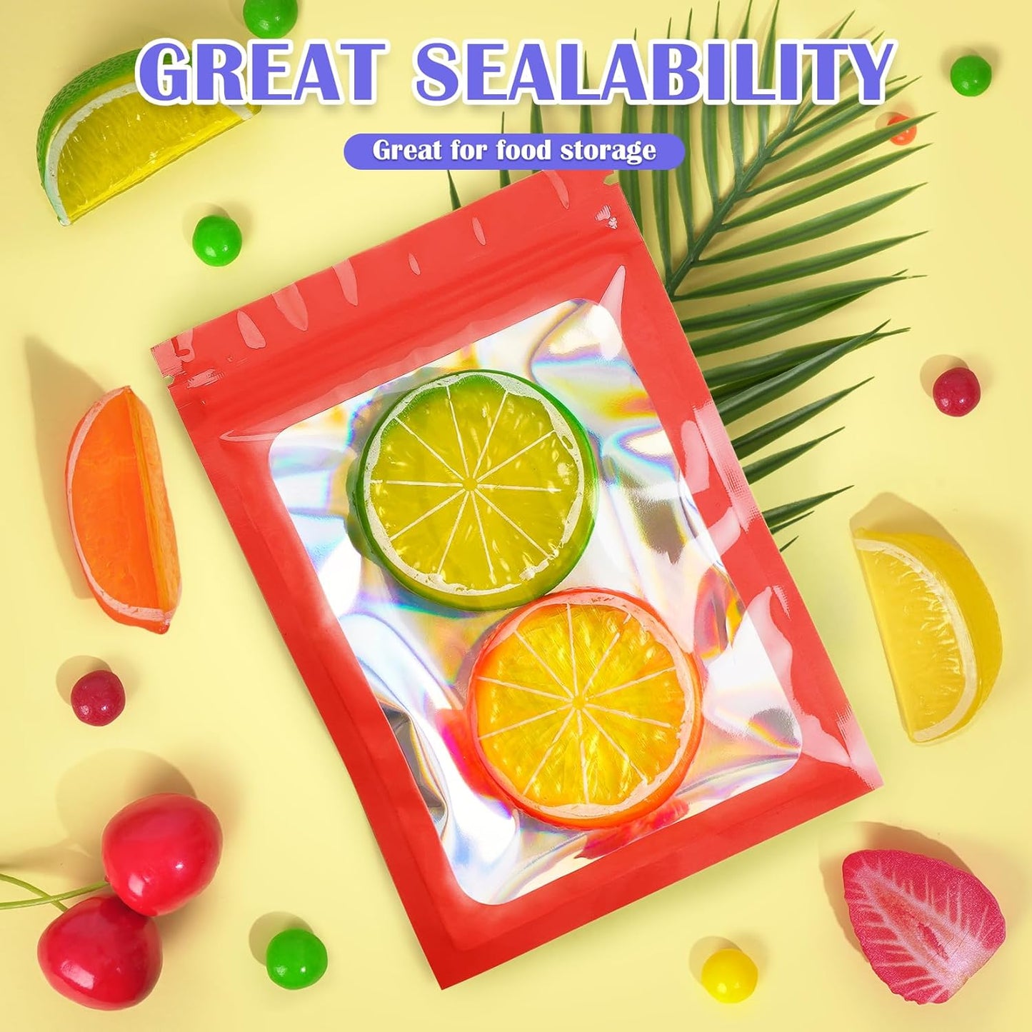 300 Pcs Mylar Bags, Smell Proof Bags Foil Pouch, Holographic Resealable Bags for Small Business, Candy Sample Jewelry Bag Sealable Packaging for Party Favor Food Storage (2.8x3.9in-Red)