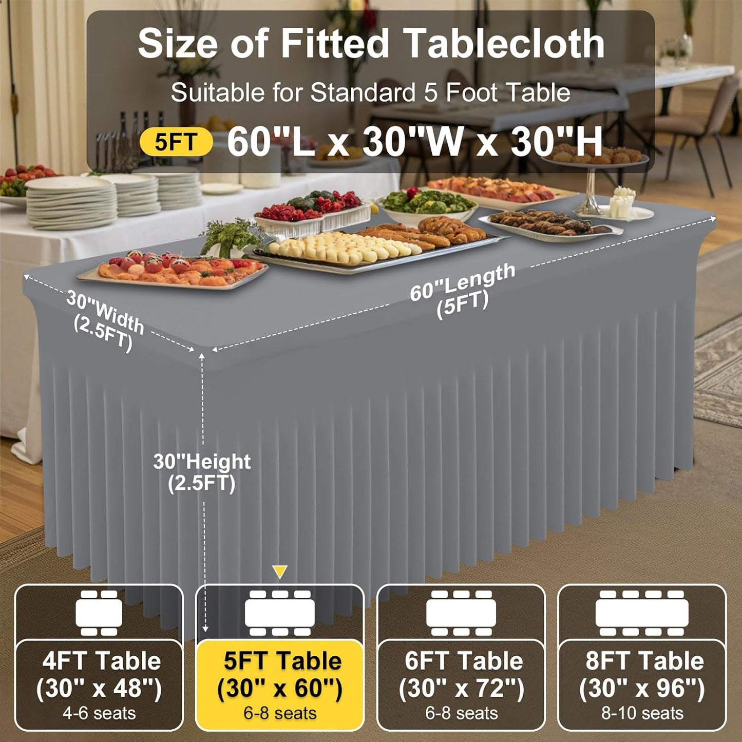 Smiry Spandex Tablecloth, Elastic Fitted Stretch Tablecloth for 5FT Rectangle Tables, Waterproof Washable Table Cover Skirt for Outdoor, Wedding, Banquet & Parties (Grey, 60Lx30Wx30H Inch)