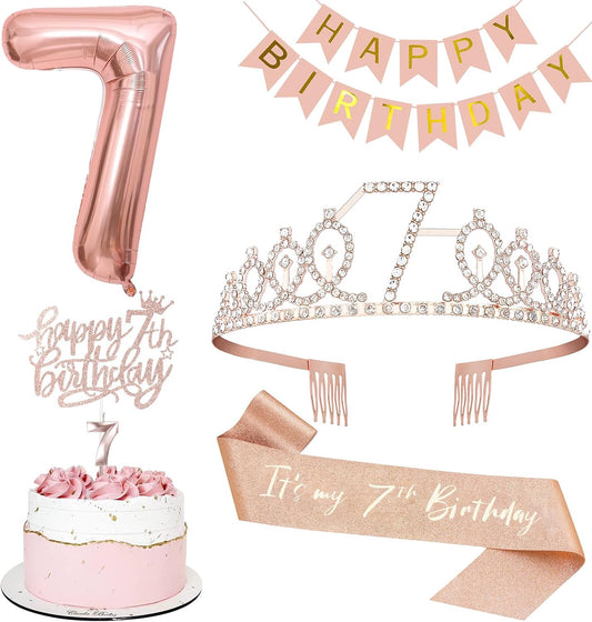 7th Birthday Decorations for Girls, Including 7th Tiara and Sash, Happy Birthday Banner, Cake Toppers, Number Candles and Balloons Set, Rose Gold