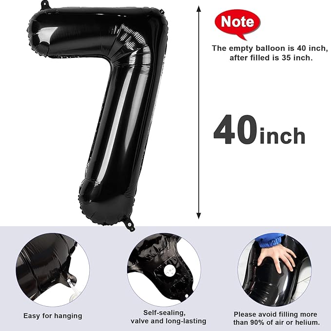 7 Balloon Number 40 Inch 67 Birthday Decorations, Black Seven Birthday Decor, 7 17 27 70 Year Old Balloon Number for Engagement, Wedding, Graduations
