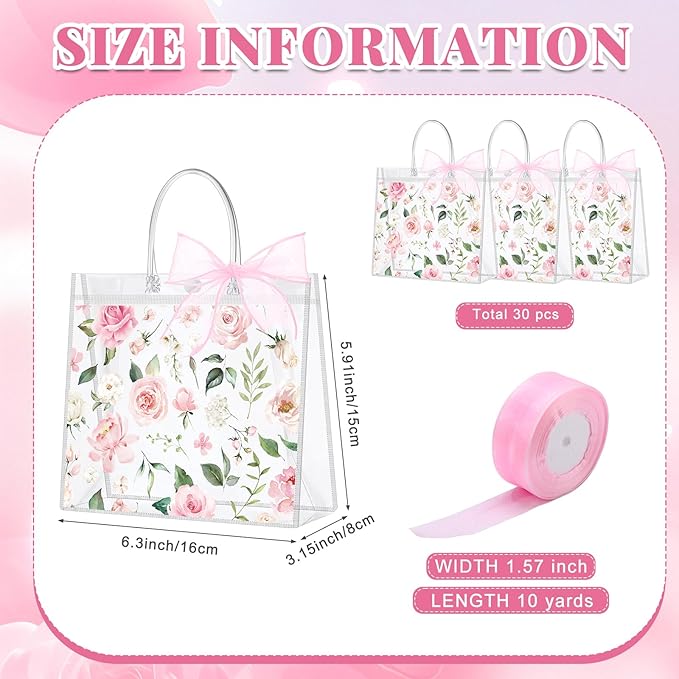 Wesnoy 24 Pcs Clear Floral Gift Bags with Handles Rose Pink Flower PVC Treat Tote Bag for Tea Birthday Party Wedding Bridal Shower Bachelorette Anniversary Engagement Guests, 6.3 x 5.9 x 3.2 Inch