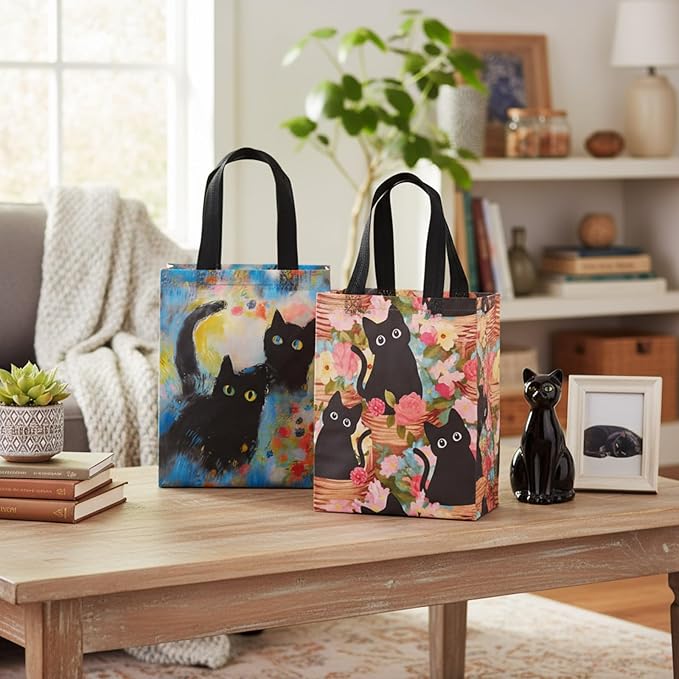 Wovnet 30 Pcs Spring Black Cat Gift Bags with Handles Kitty Flowers Theme Tote Bags Reusable Non Woven Floral Party Favors Goodie Treat Bag for Cat Lover Gifts Aesthetic 10 x 8 x 4in