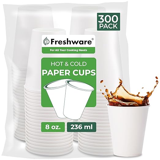 Freshware Coffee Cups 8 oz [300 Pack] Disposable Paper Cups for Hot or Iced Coffee Cup, Slushie Cup, Milkshakes, Smoothies, and Tea