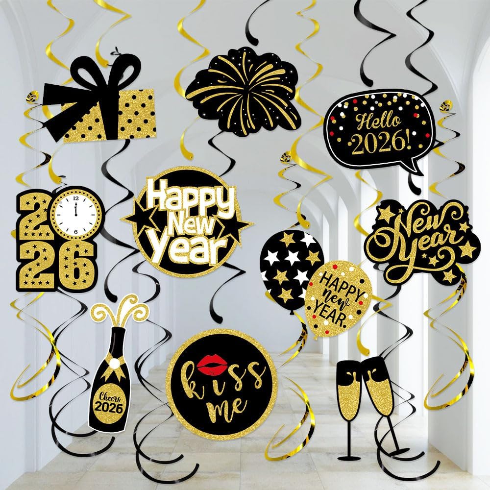 Happy New-Year’s Eve Party-Decoration Banner Garland - 16pcs Black Gold 2026 Swirl Streamers Banner, Nye Kids Hanging Supplies Decor Lasting Surprise
