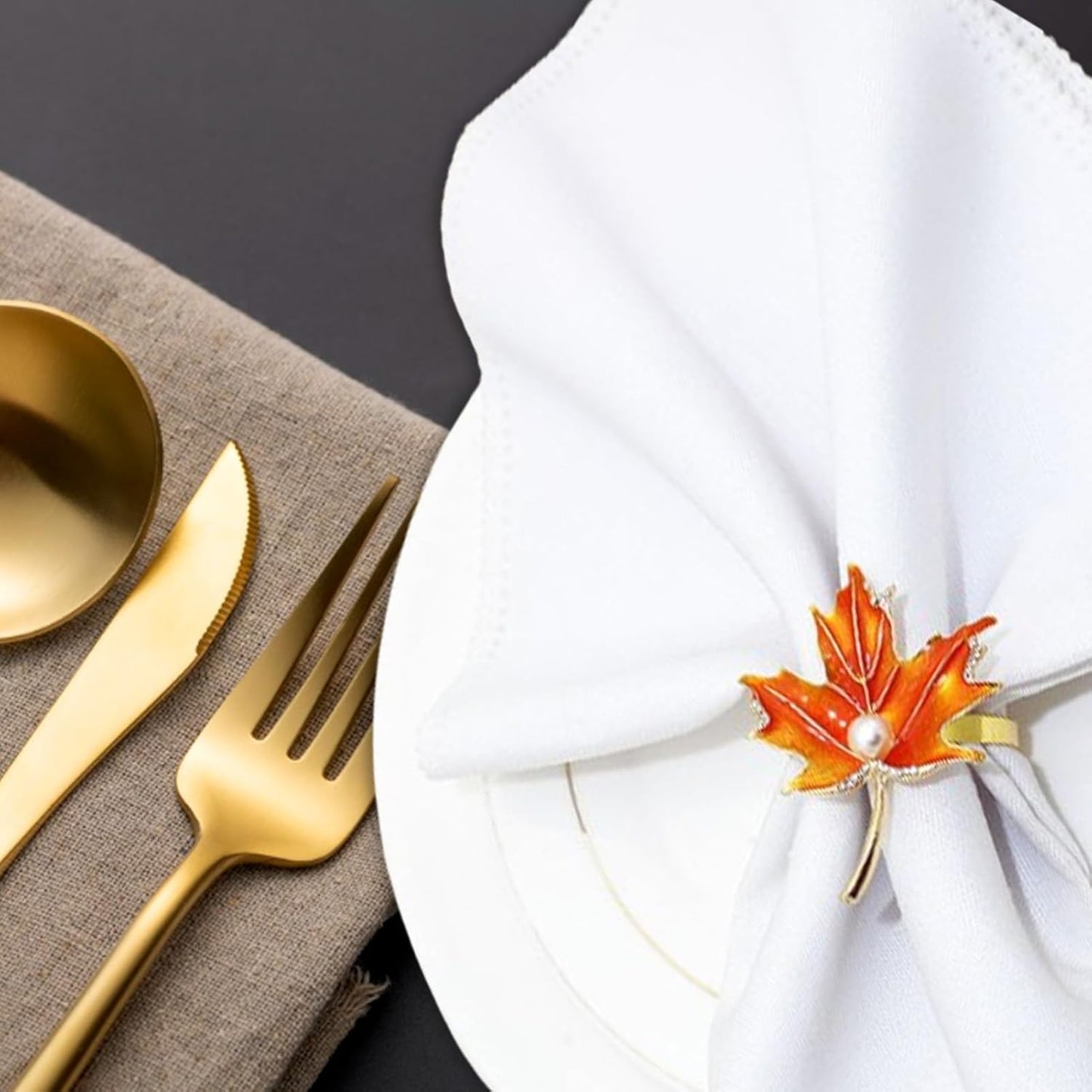 8Pcs Maple Leaves Napkin Rings, Fall Metal Napkin Rings Holder Maple Leaves Serviette Buckle Holder Autumn Pearl Maple Leaf Napkin Buckle for Harvest Season Thanksgiving Fall Decoration