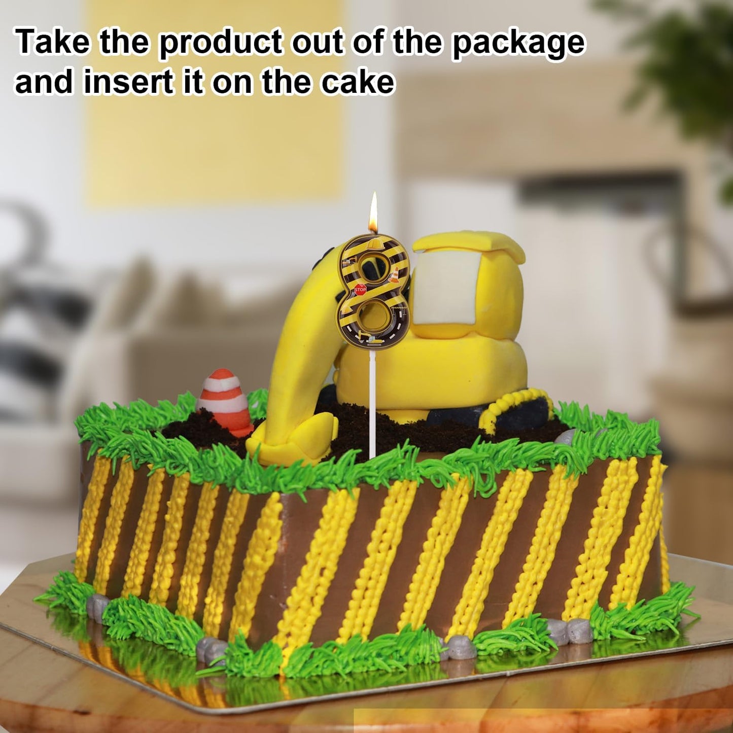Construction Birthday Number Candles, Yellow & Black Striped Cake Topper Building Theme Party Decorations for Graduation Anniversary Celebration (Number 8)