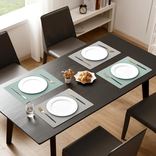 MOSAYT Vinyl Placemats Set of 8, Heat Resistant Place Mats 100% Waterproof Washable & Wipeable Faux Leather Reversible Table Mats for Kitchen Dining Party Outdoor, 12" x 17", Light Grey/Aqua