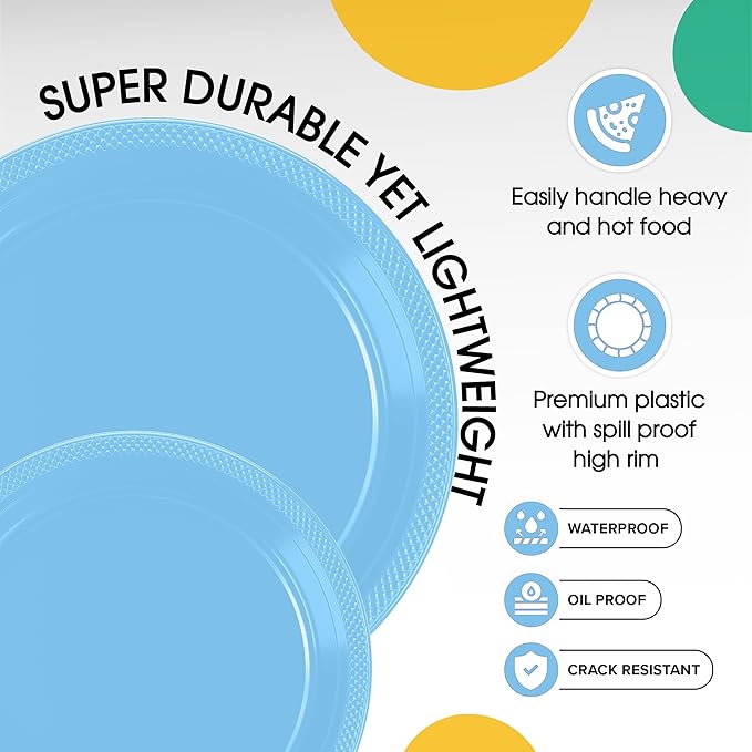 Party Solids Light Blue Plastic Plates For Party Supplies, Light Blue Disposable Plates 100 Pieces - 50-7" & 50-9" Heavy Duty 350 GSM Disposable Dinnerware Sets, Plastic Dinnerware Sets