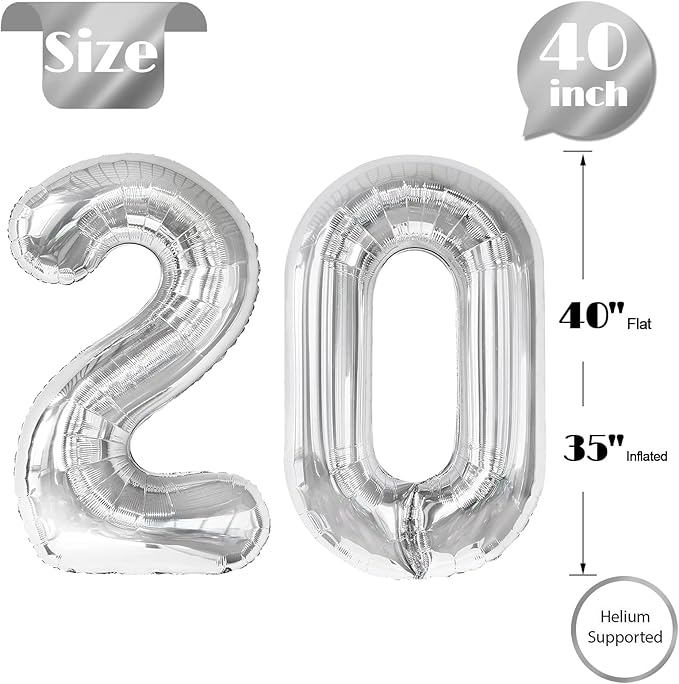 Silver Number 20 Balloon 40 inch, 20 Number Balloons, 20th Silver Birthday Decorations for Girls Boys Kids, 20 Year Old Silver Party Supplies