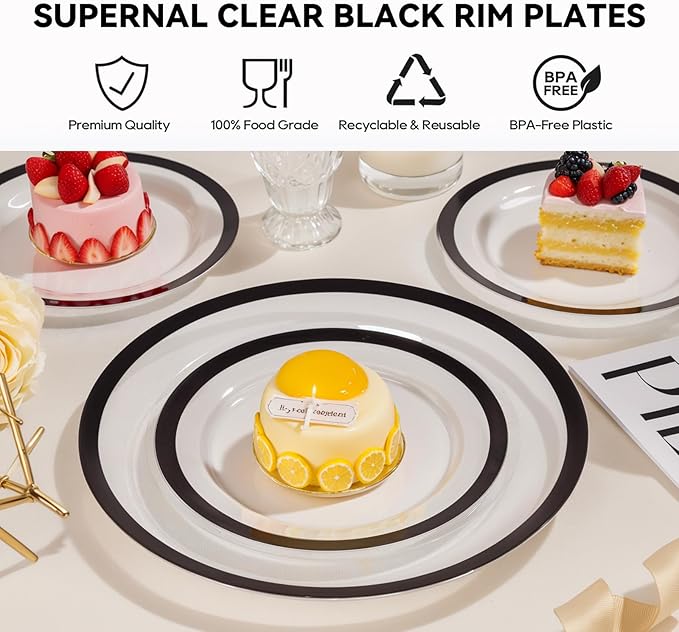 supernal Elegant Disposable Plates, 120-Pack Black Plastic Plates, Clear and Black Heavy Duty BPA-Free Plastic Dinnerware Set for 60 Guests Perfect for Wedding, Upscale Parties & Catering