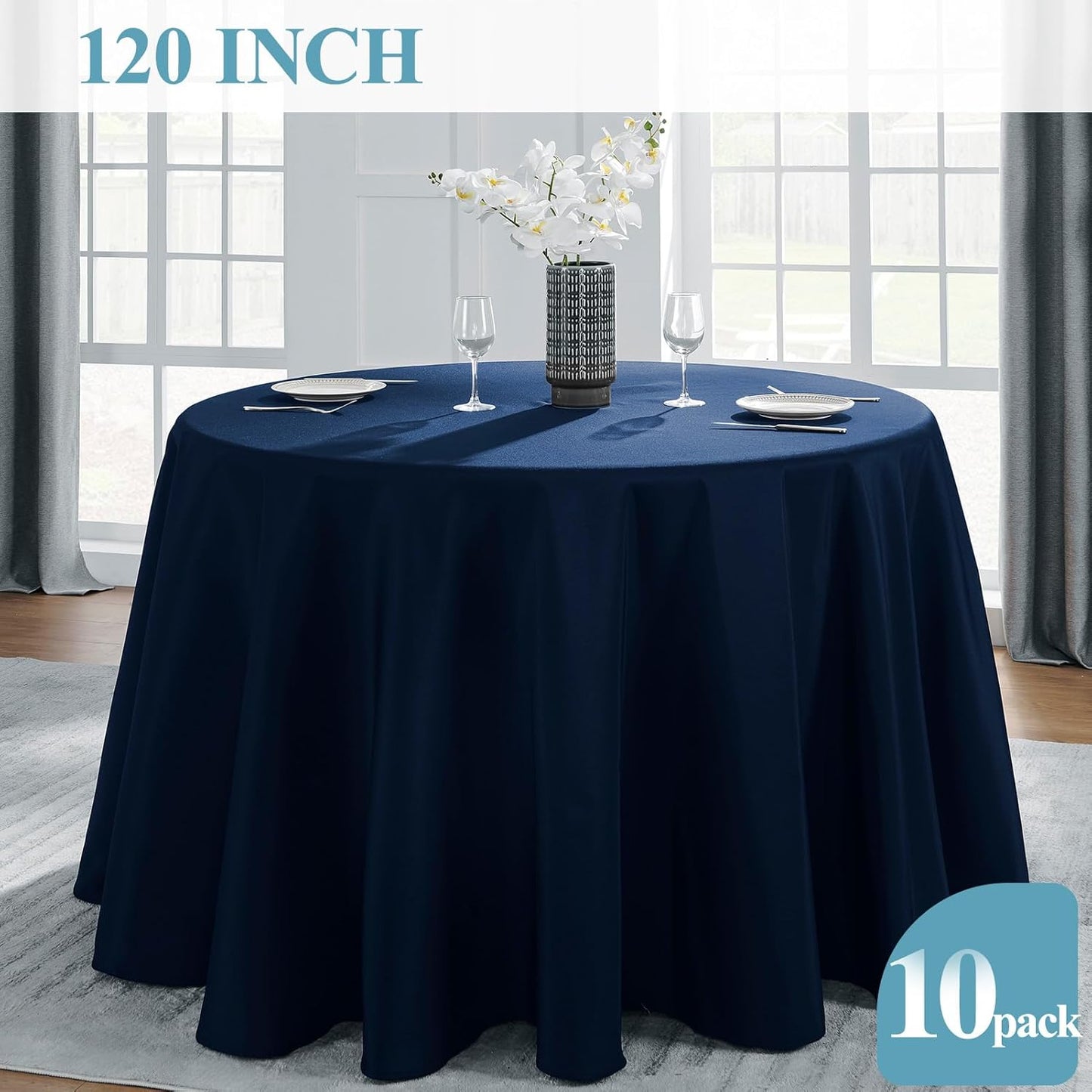VidaFete Tablecloth 10 Pack 120inch Round Table Cloth Polyester, Stain Wrinkle Resistant Polyester Dining Table Cover for Kitchen Dinning Party Wedding Round Tabletop Buffet Decoration(Navy Blue)