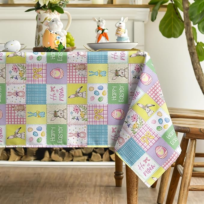 Horaldaily Easter Tablecloth 60×104 Inch Rectangular, Plaid Bunny Rabbits Easter Egg Anemone Bowknot Colorful Washable Seasonal Table Cover for Party Picnic Dinner Decor
