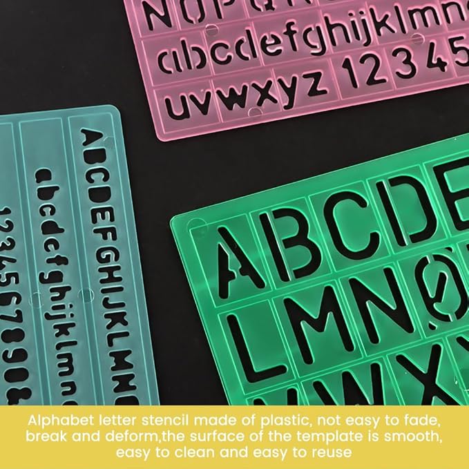 Alphabet Stencils Set of 4, Plastic Letter & Number Stencils 4 Sizes, Ruler Guide Lines for Learning, Painting, Scrapbooking DIY, 4 Colours