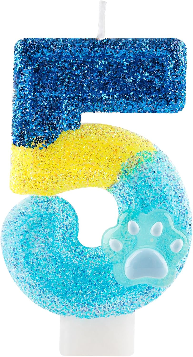 Honglus Glitter Blue Dog Paw 5 Candle for Birthday Blue Number 5 Candle Dog Paw 5 Glitter Cake Topper for 5th Birthday Party Supplies Anniversary Decorations