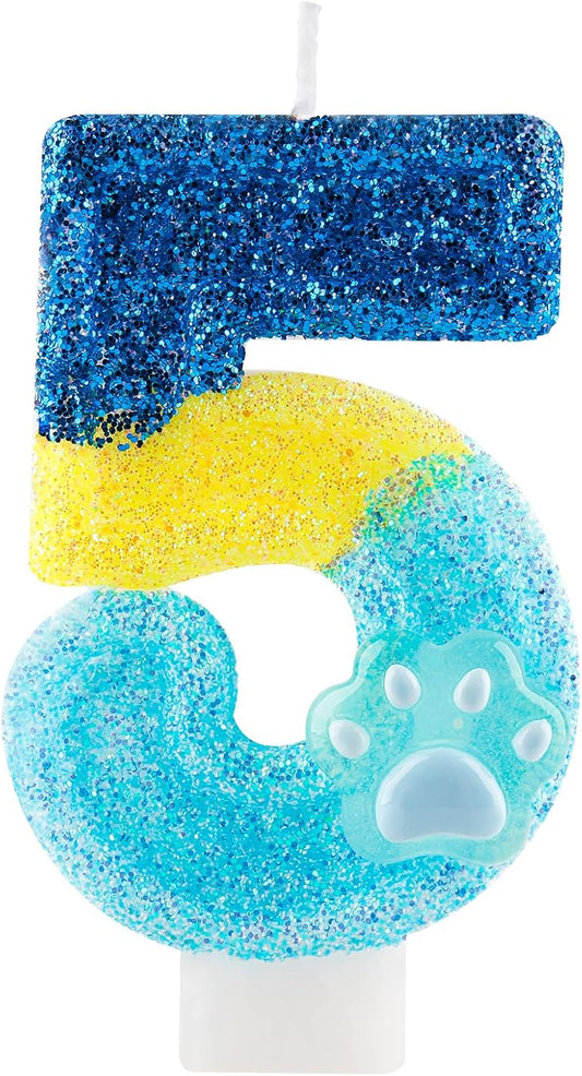 Honglus Glitter Blue Dog Paw 5 Candle for Birthday Blue Number 5 Candle Dog Paw 5 Glitter Cake Topper for 5th Birthday Party Supplies Anniversary Decorations