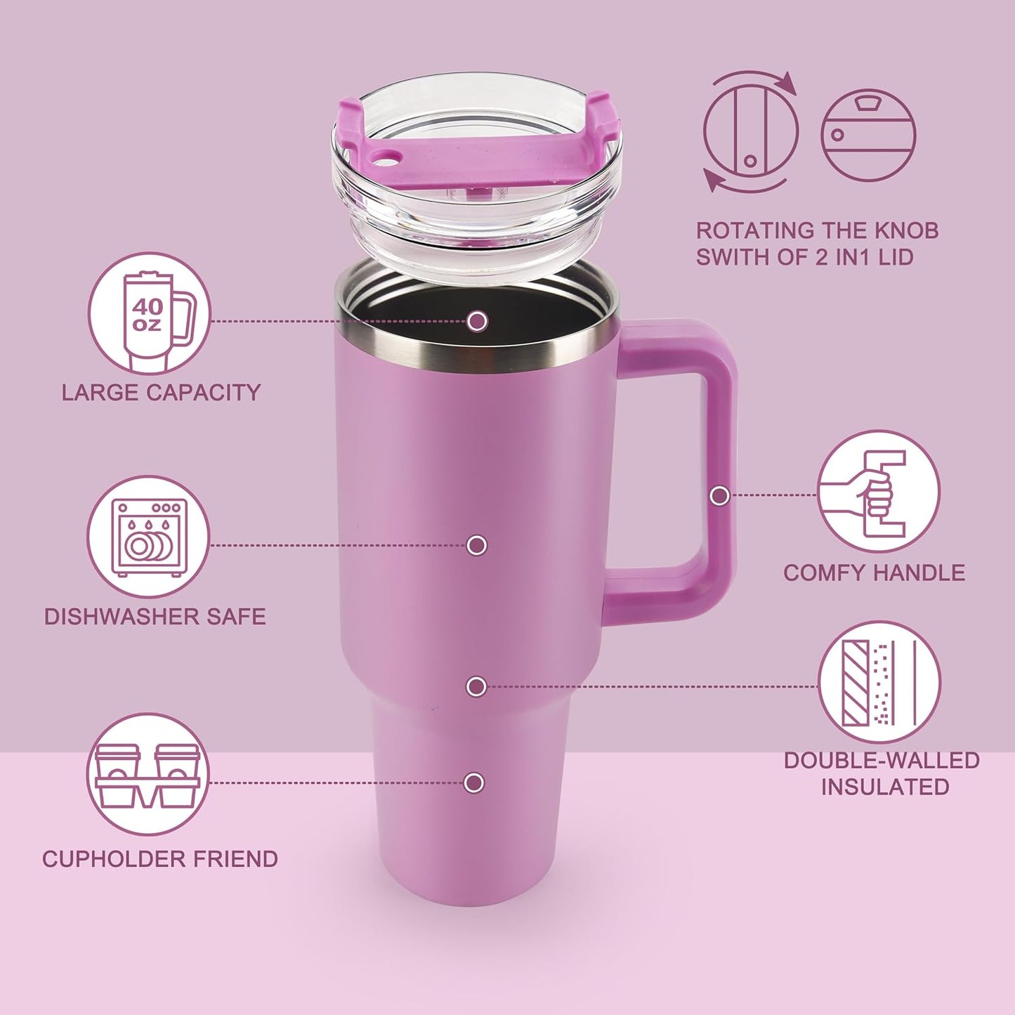 40 oz Tumbler with Handle and Straw Spill Proof Large Travel Coffee Mug Insulated Reusable Stainless Steel Cup with Lid Fit for Car Cup Holder(Lilac)