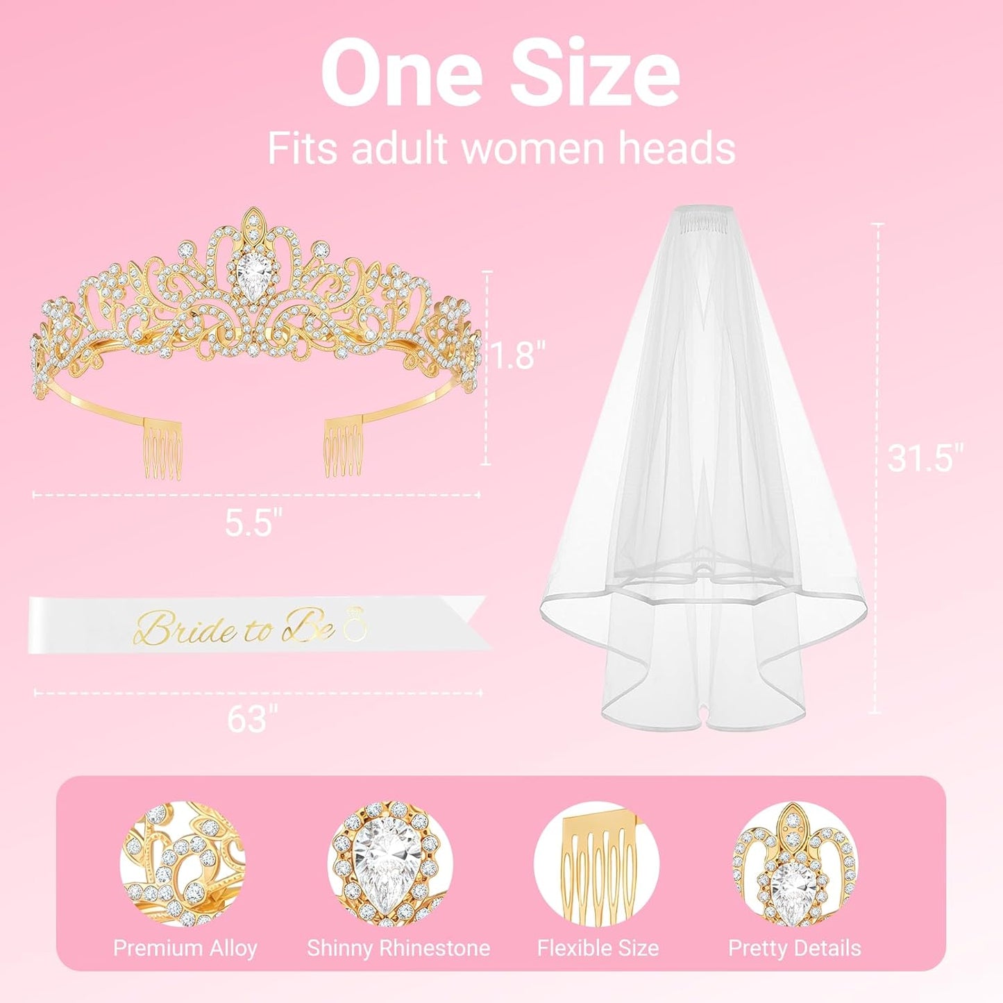 3Pcs Bride to Be Crown with Sash and Veil for Bachelorette Party Decorations, Bridal Shower Accessories for Gift, Favors