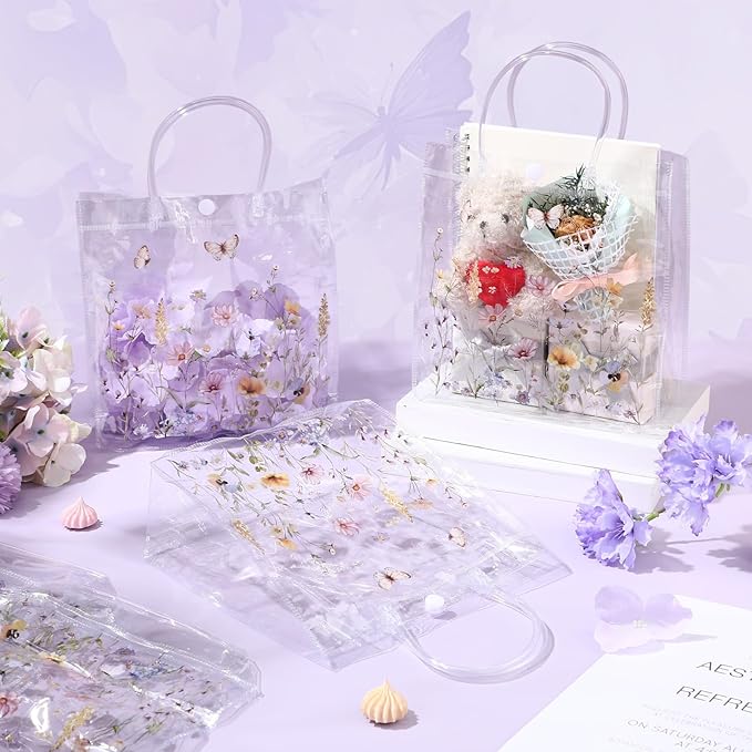 Kacctyen 24 Pcs Wildflower Gift Bags Wildflower Theme Clear PVC Bags with Handles Flower Party Favors for Wedding Birthday Baby Shower Party Supplies Return Gift Wrap Totes for Guests