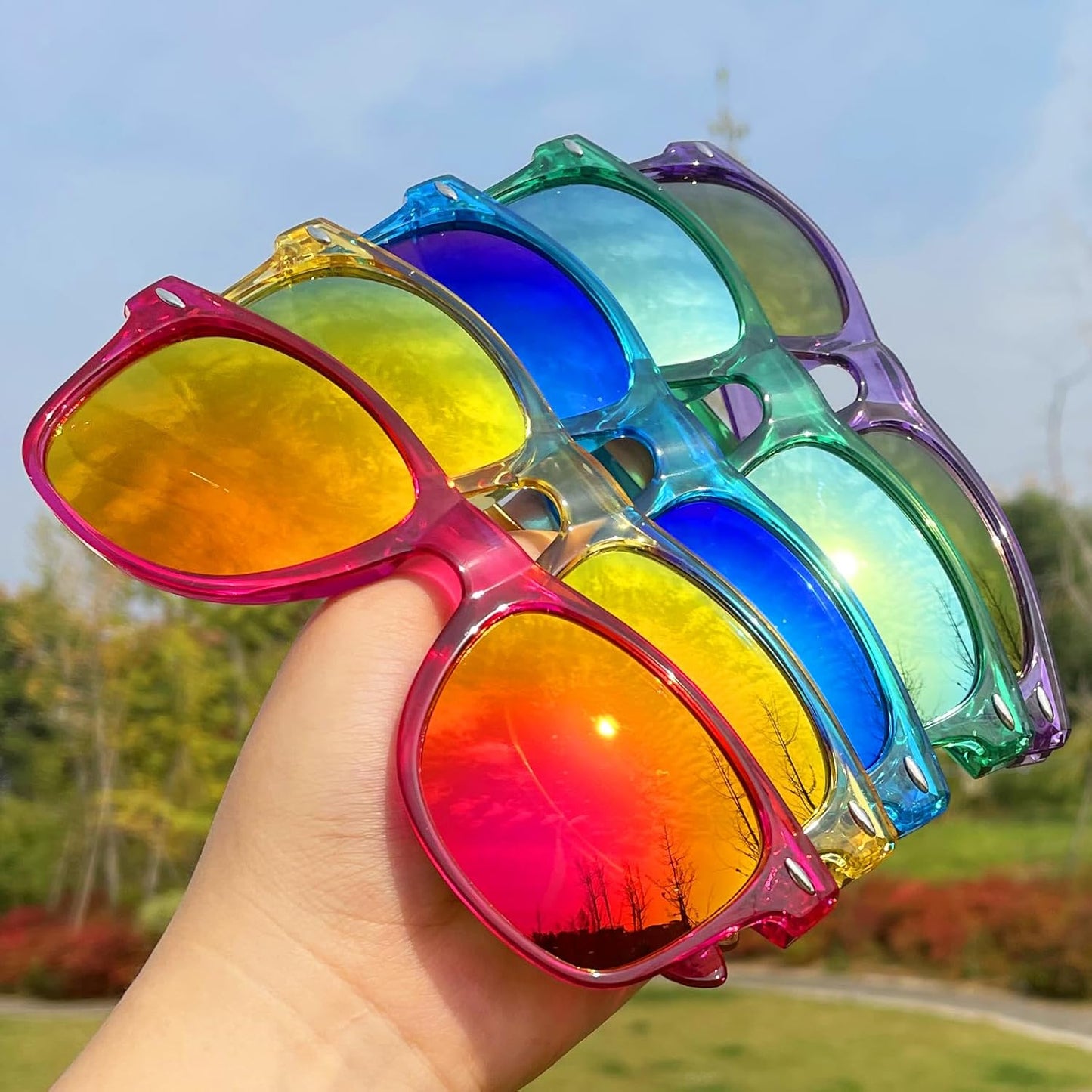 SUNOVELTIES 12/24 Pack Neon Party Sunglasses Mirrored/Jelly Lens Bulk Glasses Horn Rimmed Eyewear for Men Women