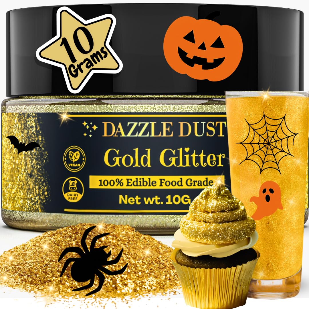 Dazzle Dust Edible Glitter Sprinkles for Cake Decorating, Drinks, Cookie, Icing, Dessert Decorations, Sparkly Luster, Food-Grade, Vegan, Gluten Free, Kosher, Bulk 10g, Gold