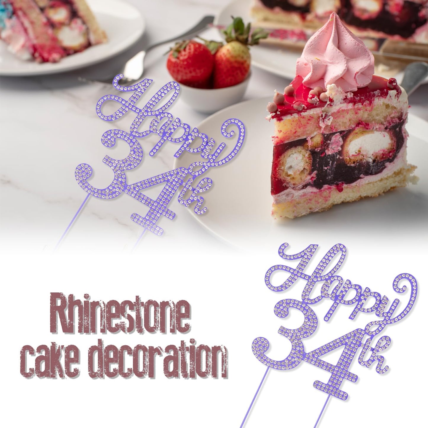 LASKYER Happy 34th Birthday Purple Rhinestone Cake Topper - 34th Birthday/Anniversary,Cheers to 34 Years Old Bday Party Metal Sparkly Centerpieces Decorations.