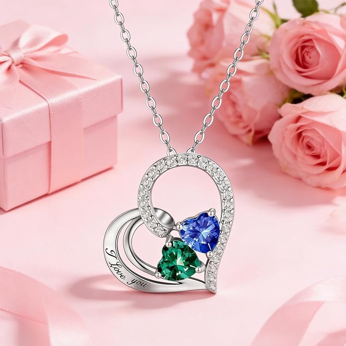 Double Birthstone Heart Necklace 0.8CT Dual-Gemstone S925 Sterling Silver Plated White Gold Engraved I Love You Perfect Anniversary/Valentine's Day Gift for Wife/Girlfriend/Mom/Daughter