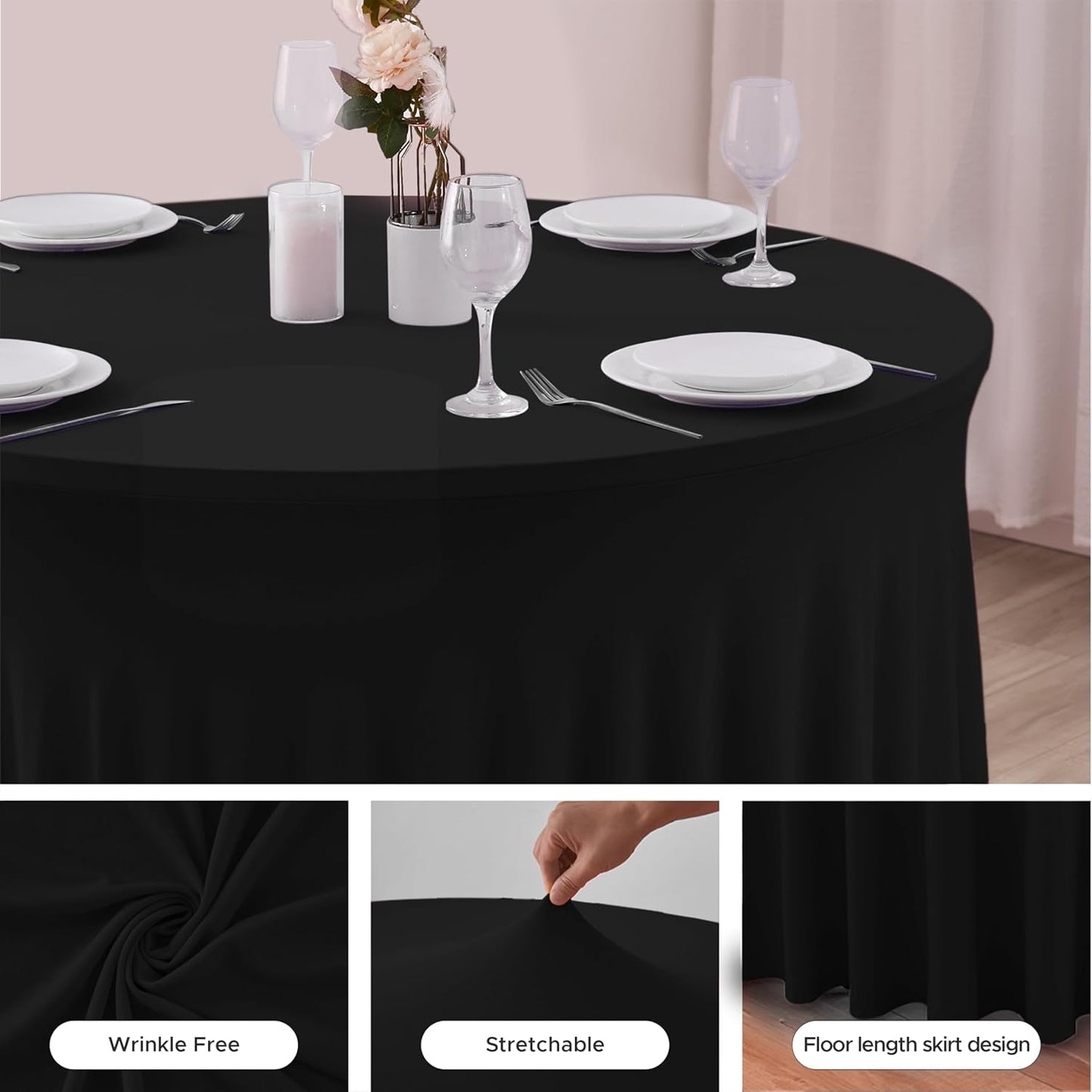 HolidayIdeas 60 Inch Black Spandex Round Table Skirts,Fitted Stretch Tablecloths for Round 5 ft Table, Wrinkle-Free Ruffle Design Tablecloths for Banquets,Trade Shows, Parties, Events, 4 Pcs