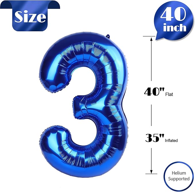 Metallic Blue Number 3 Balloon 40 Inch, 3rd Birthday Celebration Supplies for Girls Boys Women Men, 3 Balloon for Girls Boys Theme Party