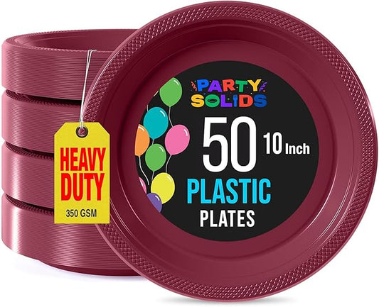 Exquisite Party Solids Burgundy Plastic Plates For Party Supplies 10" Burgundy Disposable Plates Heavy Duty 50 Pcs Plastic Dinnerware Sets Heavy Duty 350 GSM Disposable Dinnerware Set