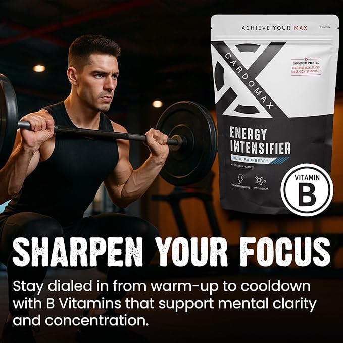 CardoMax - Energy Drink Packets - Liquid Preworkout for Men & Women Caffeine Packets with BCAA, Vitamin B12, Vitamin B6 & B3 - Sugar-Free, Zero Calorie, Vegan & Keto - 15 Stick Packs - Blue Raspberry