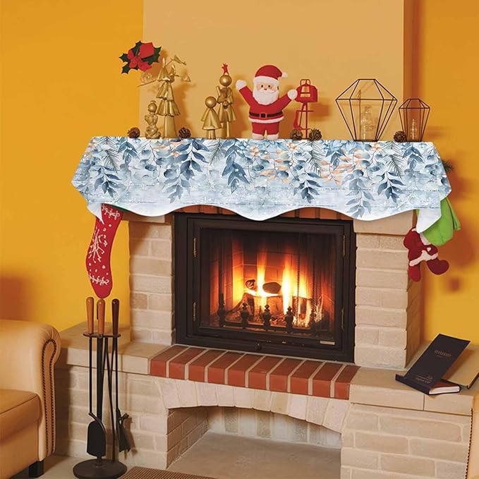Blue Eucalyptus Fireplace Mantel Scarf Table Runner, Christmas Leaves Poinsettia Farmhouse Wooden Winter Garland Mantel Top Tablerunners Dresser Scarves Cover for Windows Party Living Room 60''x17''