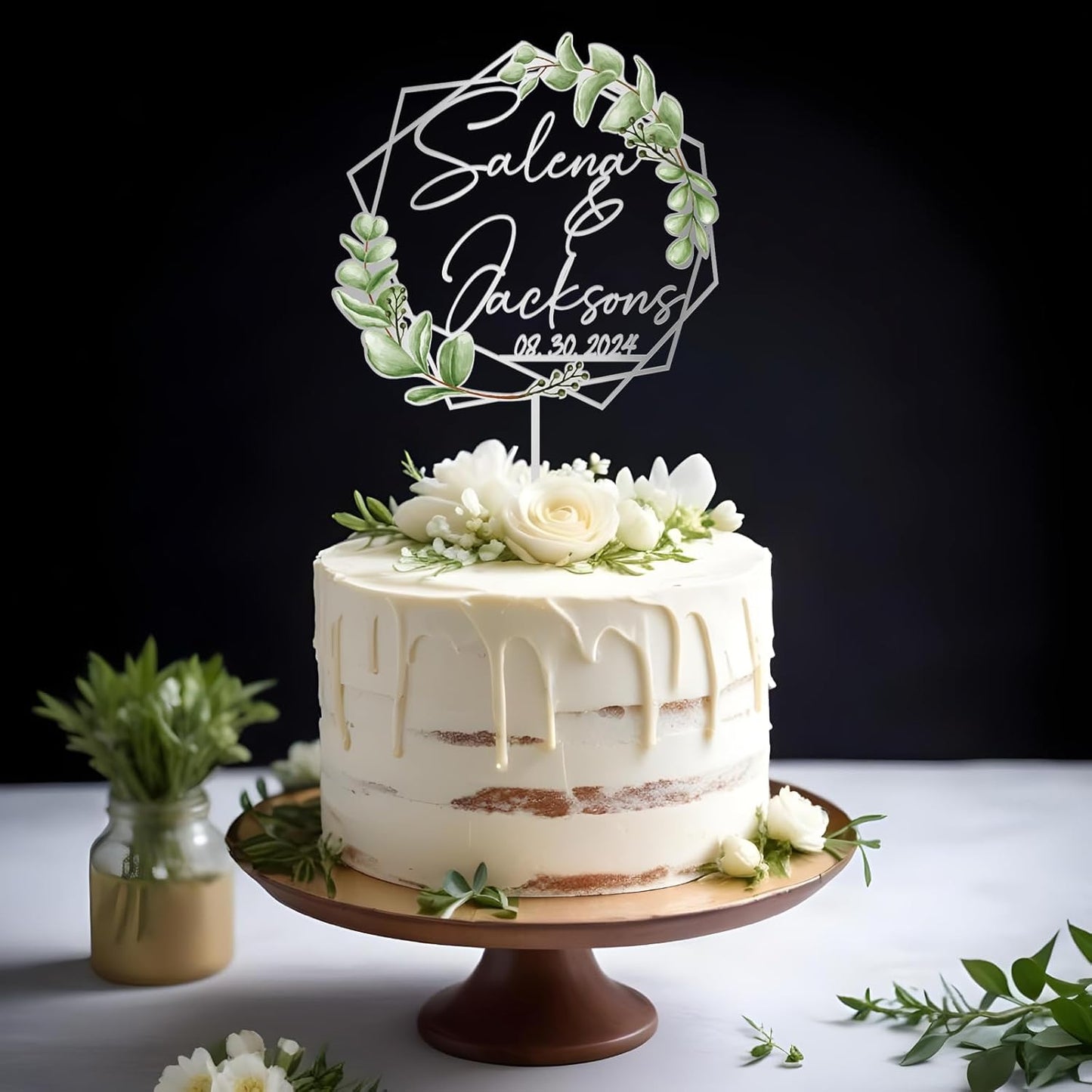 Wedding Cake Topper with Green Leaves Custom Bride & Groom's Names and Wedding Date Personalized Geometric Cake Decoration in Acrylic and Wood