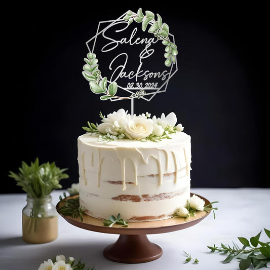 Wedding Cake Topper with Green Leaves Custom Bride & Groom's Names and Wedding Date Personalized Geometric Cake Decoration in Acrylic and Wood