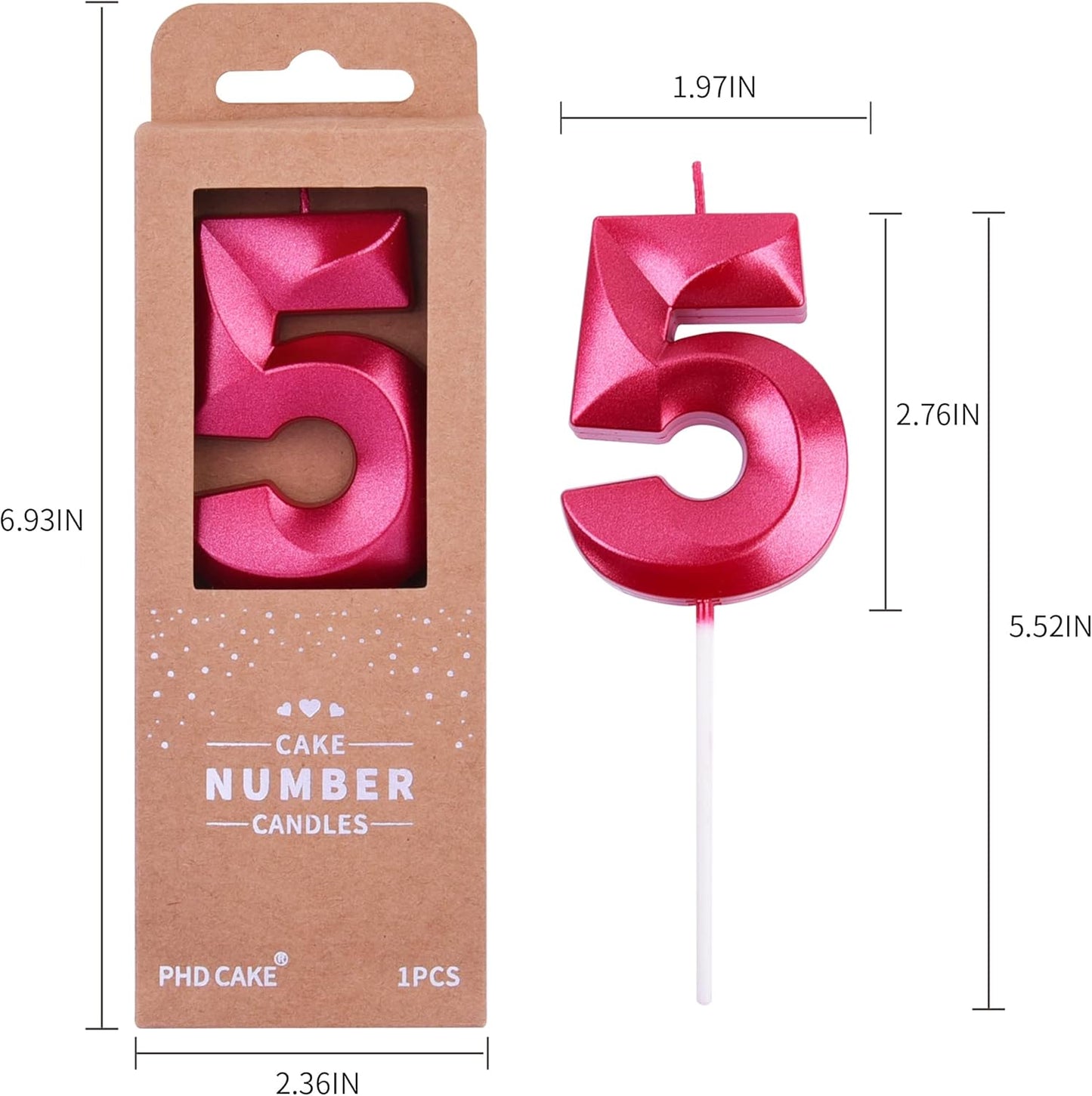 PHD CAKE 2.76 Inch Diamond Red 5 Number Birthday Candles, Red Number Candles, Cake Number Candles, Party Celebration