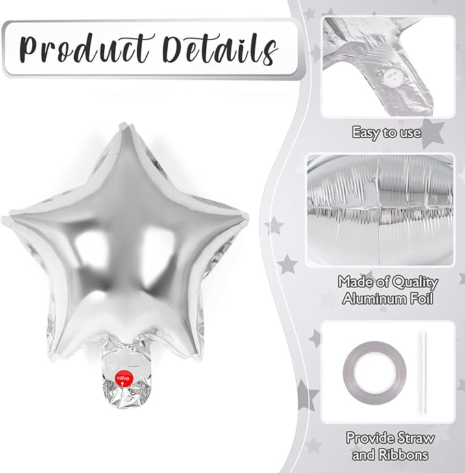50 Pcs Star Balloons,10 Inch Star Foil Balloons,Stars Shaped Balloon Mylar Helium Balloon for Birthday Party Anniversary Wedding Baby Shower Decorations (10inch-silver)