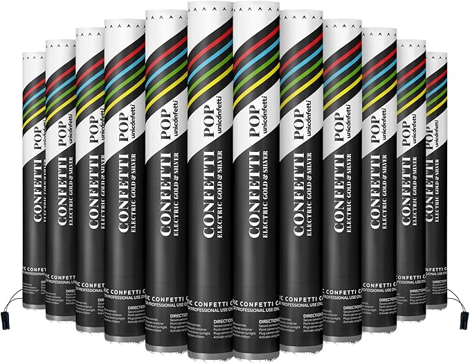 Electric Confetti Cannon Cartridges, 12pcs. - 16" Gold & Silver Confetti Poppers for Weddings, Parties, Events | Requires 2-shot/4-shot Machine to Activate