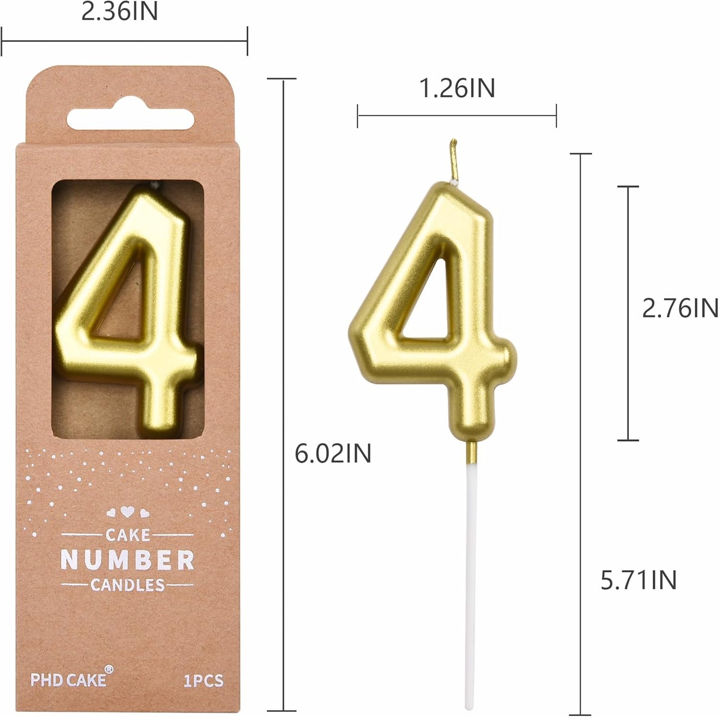 PHD CAKE 2.76 inch Classical Gold 4 Number Birthday Candles, Gold Number Candles, Cake Number Candles, Party Celebration