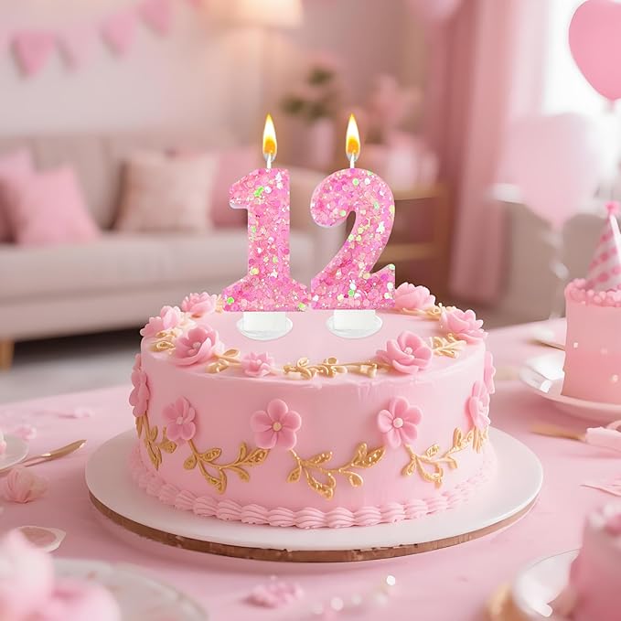 Zailo Birthday Number Candles, Glitter Number Candle Cake Decorations with Sequins, Cupcake Decorations for Girls, Women, Party Anniversary Celebrations (Number 2, Light Pink)