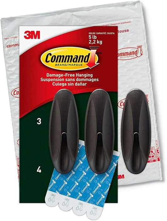 Command Outdoor Large Bronze Hooks, Holds up to 5 lb, 3 Hooks and 4 Command Strips, Damage Free Hanging Wall Hooks for Hanging Christmas Decorations with Weather Resistant Strips