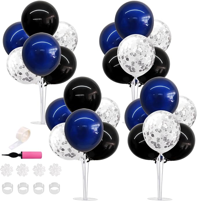 TONIFUL 4 Set Black Blue Silver Confetti Balloon Centerpieces for Table,Balloon Stand Kit for Graduation Decorations 2026 Blue Party Decorations,Retirement,Anniversary,Birthday Decoration for men