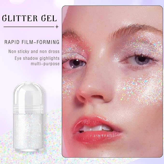 HOSAILY Roll-on Holographic Body Glitter Gel for Face Hair, Chameleon Color Changing Glitter Gel Under Light, Chunky Mermaid Sequins Festival Party Rave Accessories Shimmer Makeup (13# Dazzle)