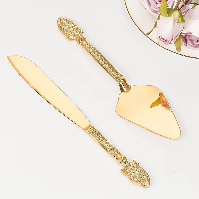 TUKDAK Cake Cutting Set for Wedding, Personalized Gold Cake Knife and Server Set, Custom Cake Serving Set, Engraved Pastry Pie Server Cake Pizza Cutter, Birthday Bridal Gift (F-Vintage)