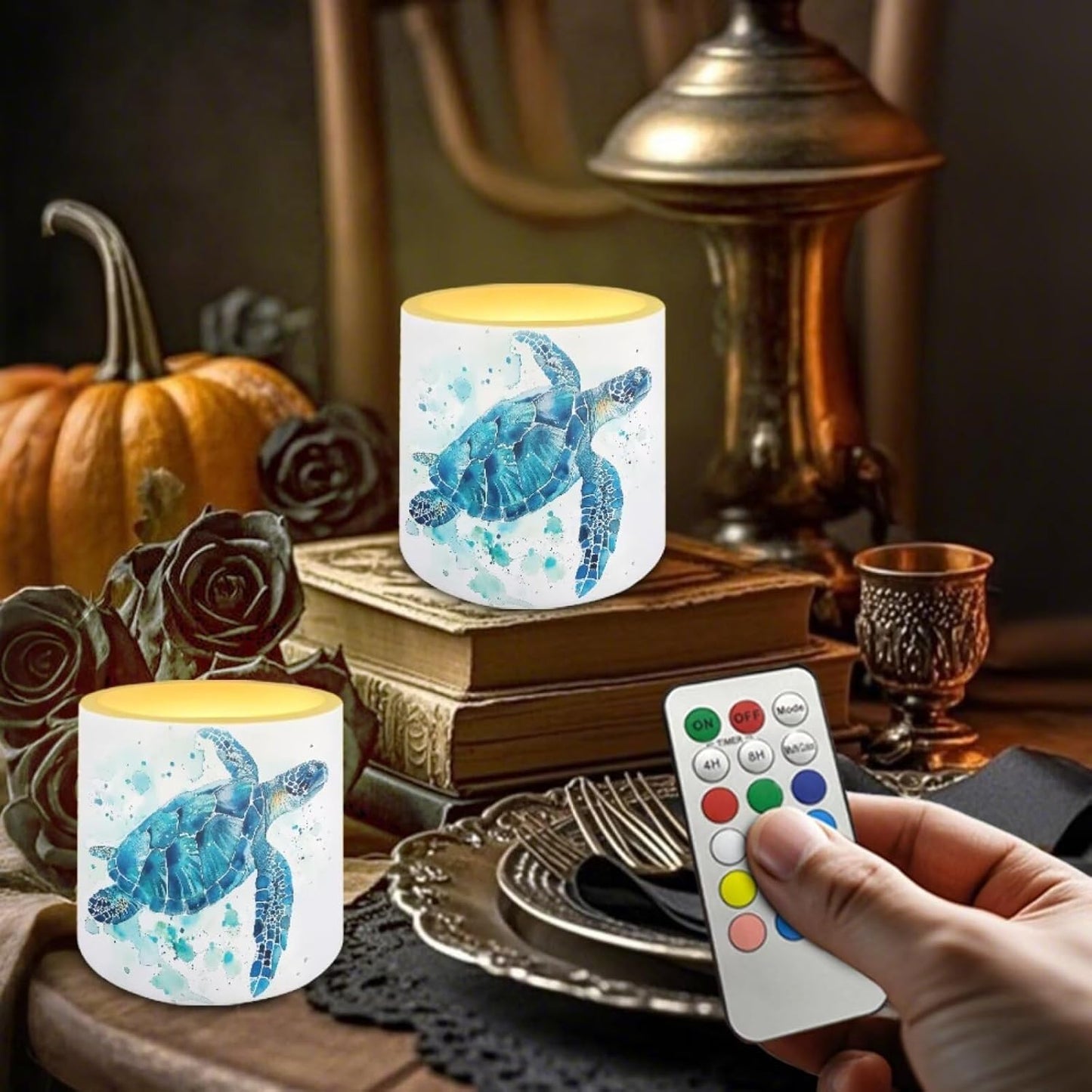 Poceacles LED Flameless Candles Set of 4 Multi-Color Battery-Powered Candles with Remote and Timer, Tea Light for Weddings Parties Decorations, Watercolor Sea Turtle Blue White