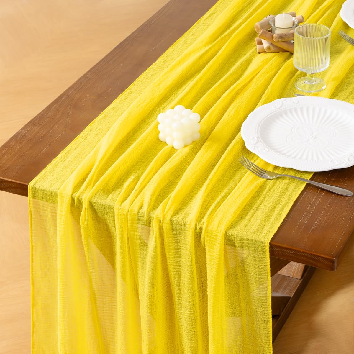 Socomi Yellow Cheesecloth Table Runner Fall Thanksgiving Gauze 120 Inch Rustic Boho Cheese Cloth Runner for Wedding Party Baby Bridal Shower Centerpiece Decoration Holiday Home Decorations